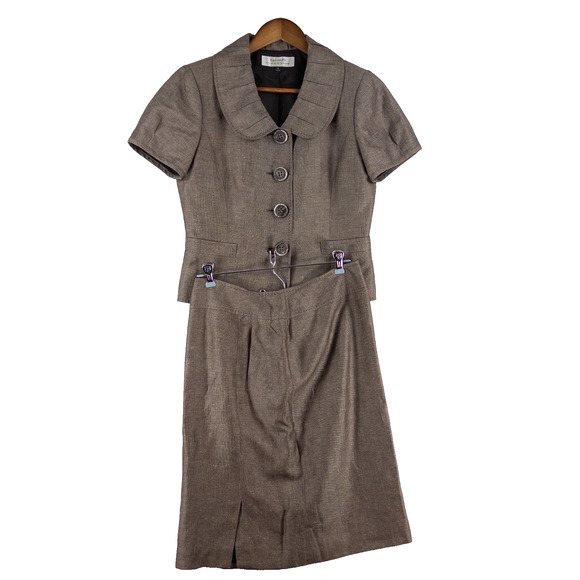 Tahari Two Piece Suit Set Short Sleeve Jacket Pencil Skirt Brown 4 Linen Blend - Picture 1 of 15